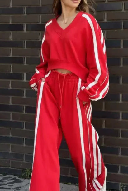Chic V-Neck Stripe & Wide Pants Ensemble