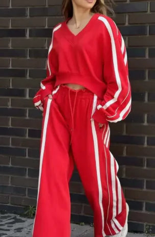 Chic V-Neck Stripe & Wide Pants Ensemble