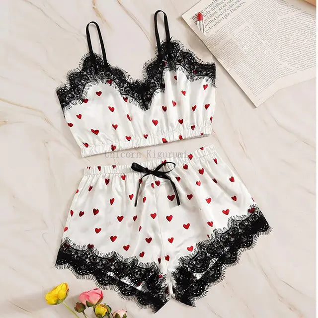 Printed Lace Pajama Set: Elegant Sleepwear