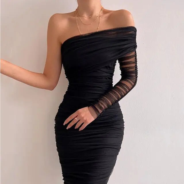 Diagonal Backless: Sexy Mesh Dress