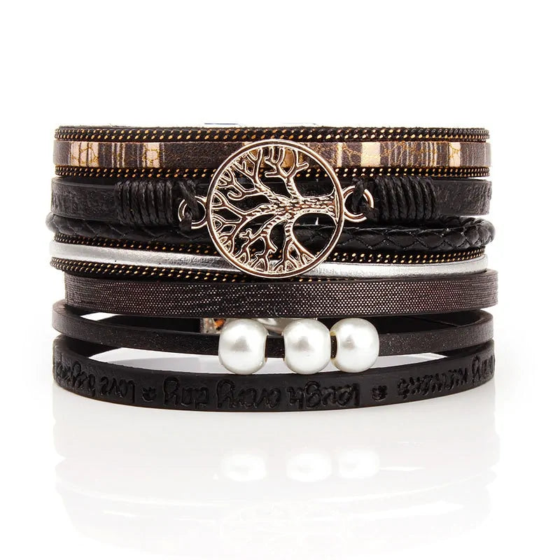 Summer Leather Charm Bracelet with Pearls and Magnet Buckle