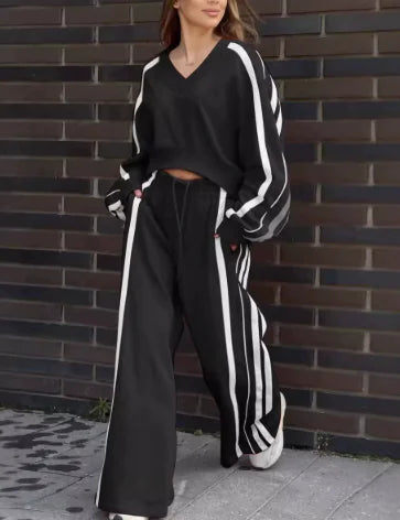 Chic V-Neck Stripe & Wide Pants Ensemble