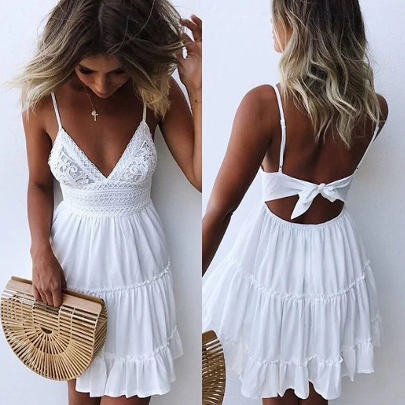 V Neck  Lace Sleeveless  Spaghetti Strap Dress