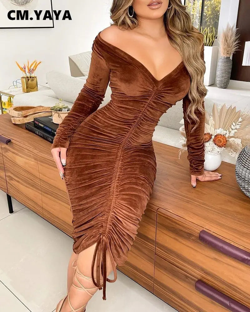 Velvet Drawstring Off Shoulder Midi Dress