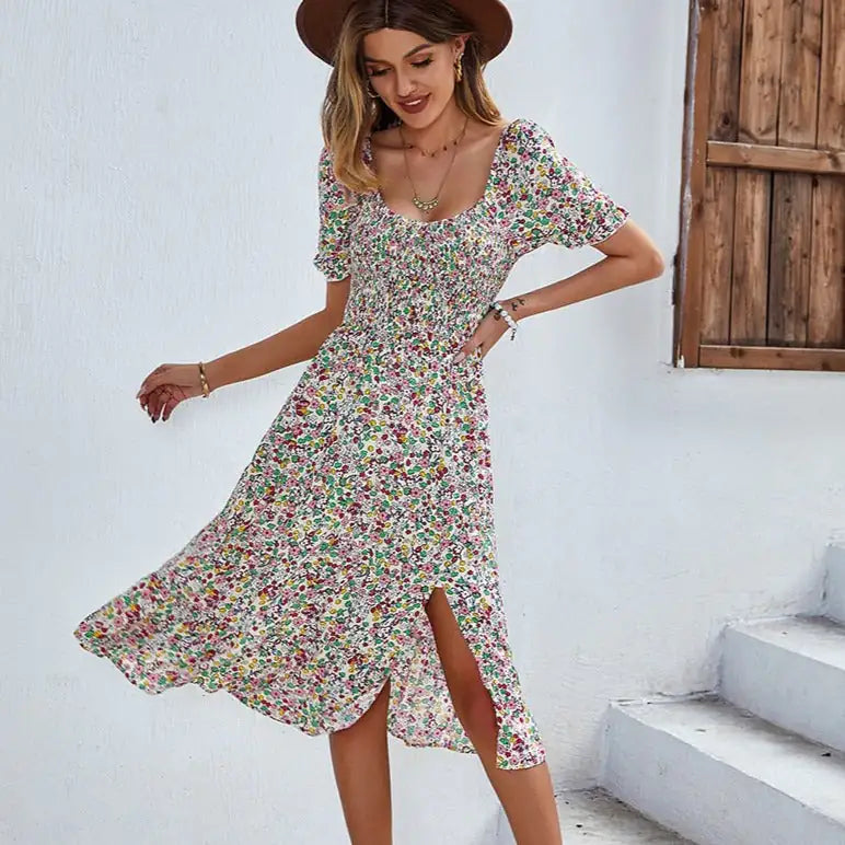 Beach Floral Patchwork Dress Smocked Sleeve V Neck Mini Long Sleeve Dresses