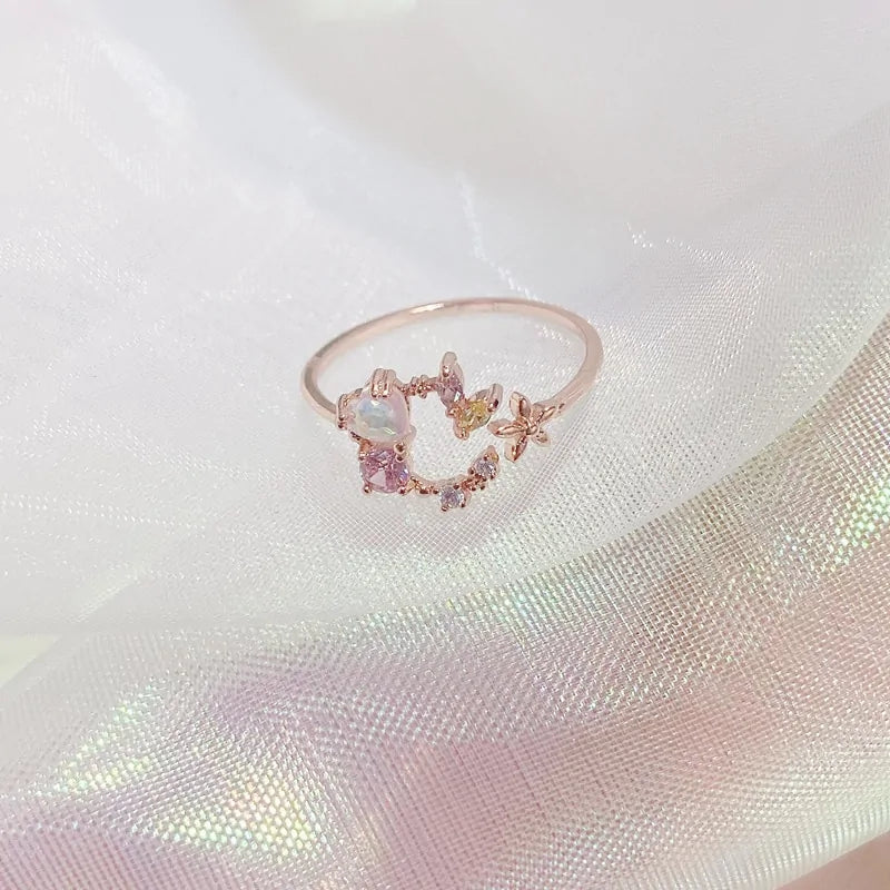 Delicate Zircon Heart Moon Adjustable Ring: Fashionable Korean Style Jewelry for Women