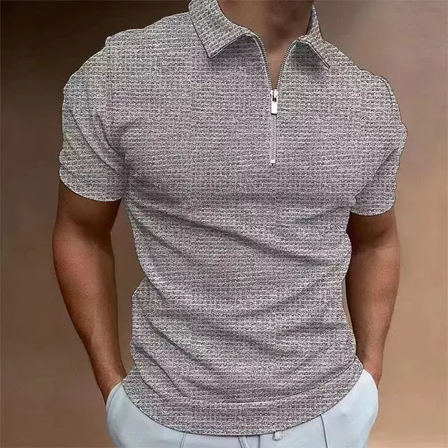 Summer New Men's Zipper Waffle Polo Shirt Short Sleeve Waffle