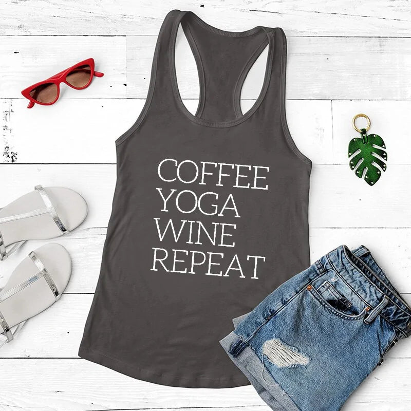 Repeat Coffee, Yoga, Wine: Women's Funny Racerback Tank for Gym and Summer Workouts