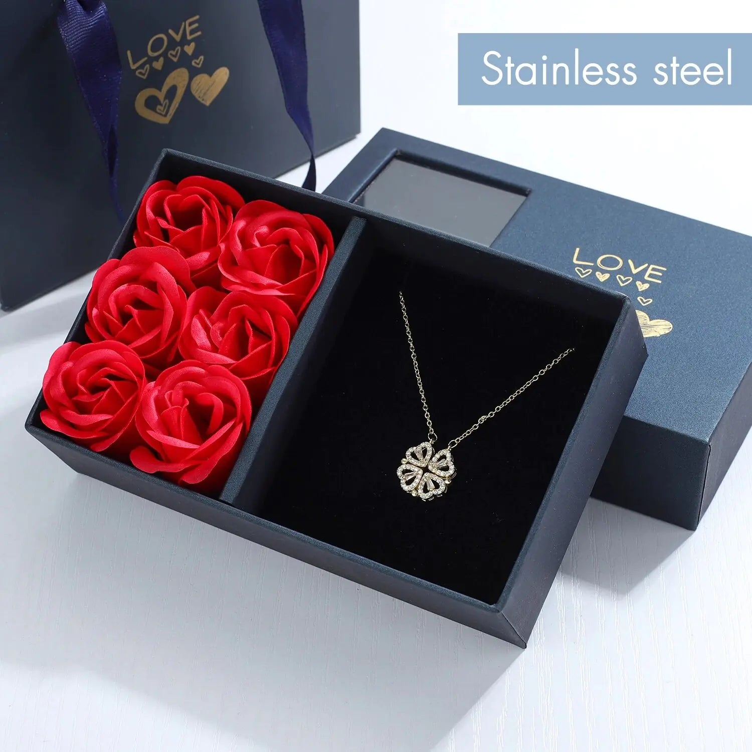 Rose Gift Box Four -leaf Grass Necklace Heart Necklace