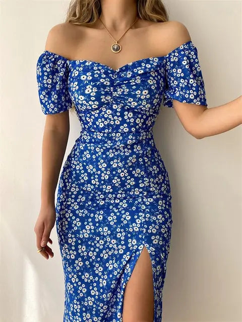 Floral Print Short Sleeve Hip Wrap Party Dress