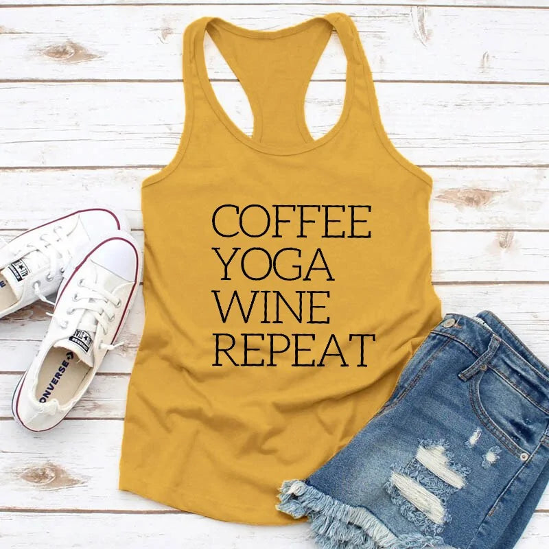 Repeat Coffee, Yoga, Wine: Women's Funny Racerback Tank for Gym and Summer Workouts