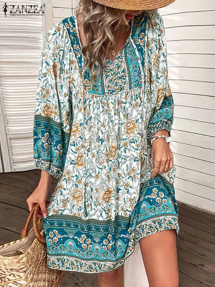 ZANZEA V-Neck Short Sleeve Floral Printed Sundress