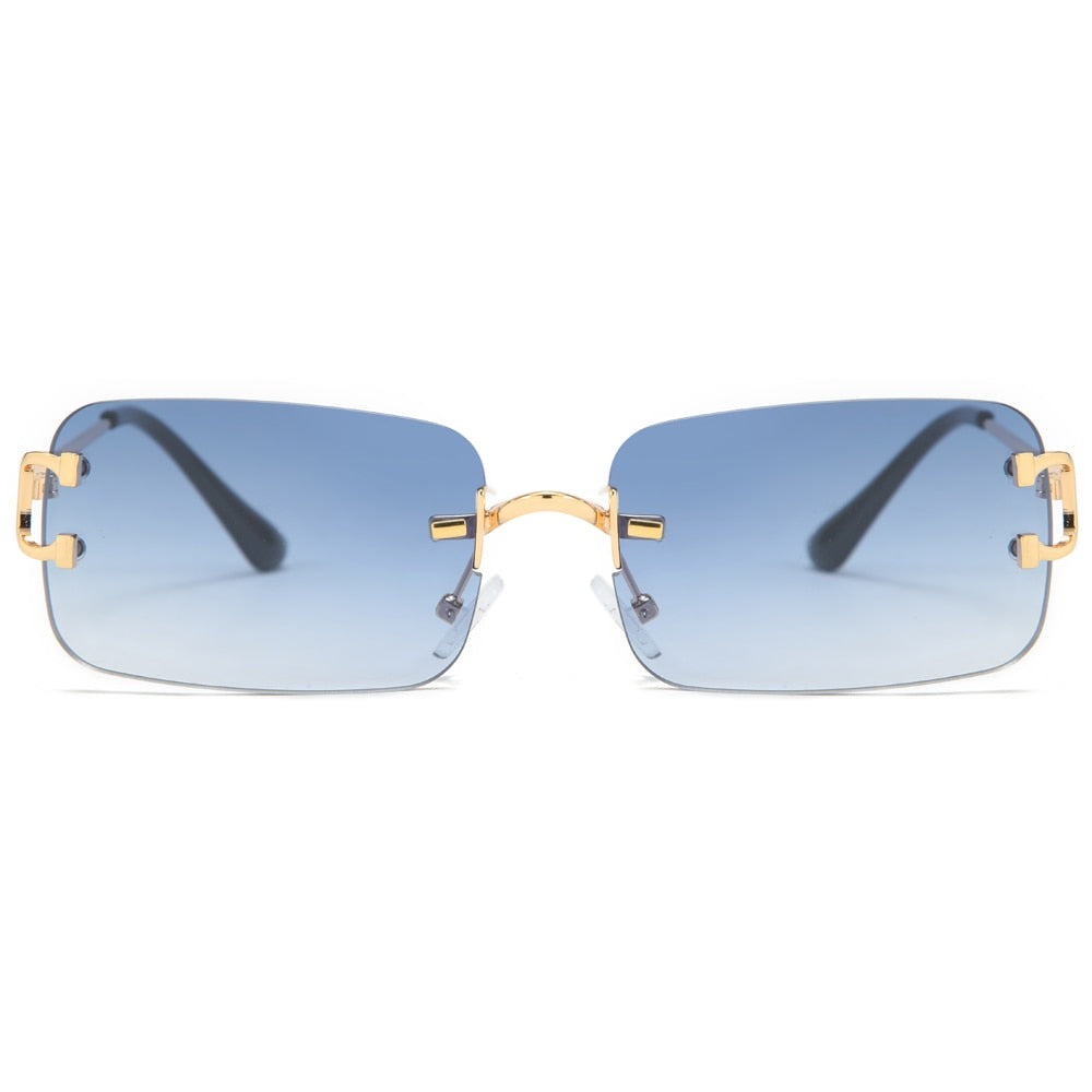 Blue rectangular sunglasses rimless