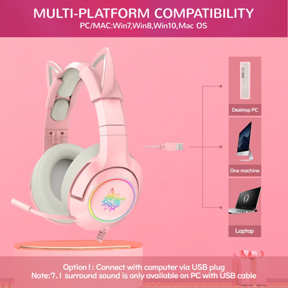 Onikuma K9 Pink Cute Cat Ear Headphone with Mic