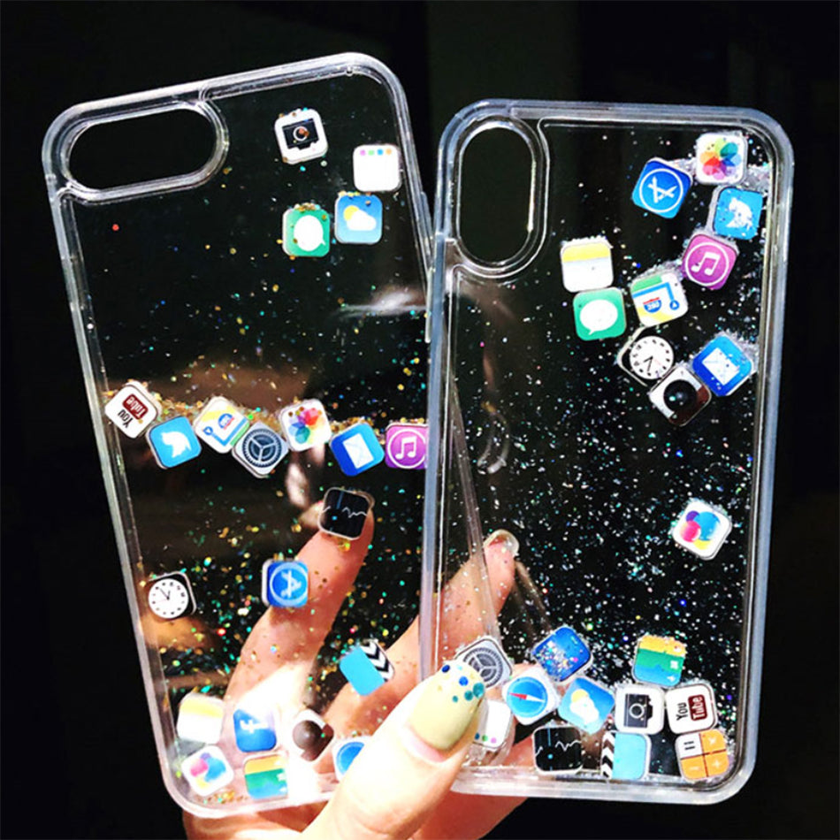 luxury Dynamic liquid Glitter Phone Case For iPhone Quicksand Cover Cute APP icon Case For iPhone X XR XS MAX