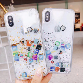 luxury Dynamic liquid Glitter Phone Case For iPhone Quicksand Cover Cute APP icon Case For iPhone X XR XS MAX