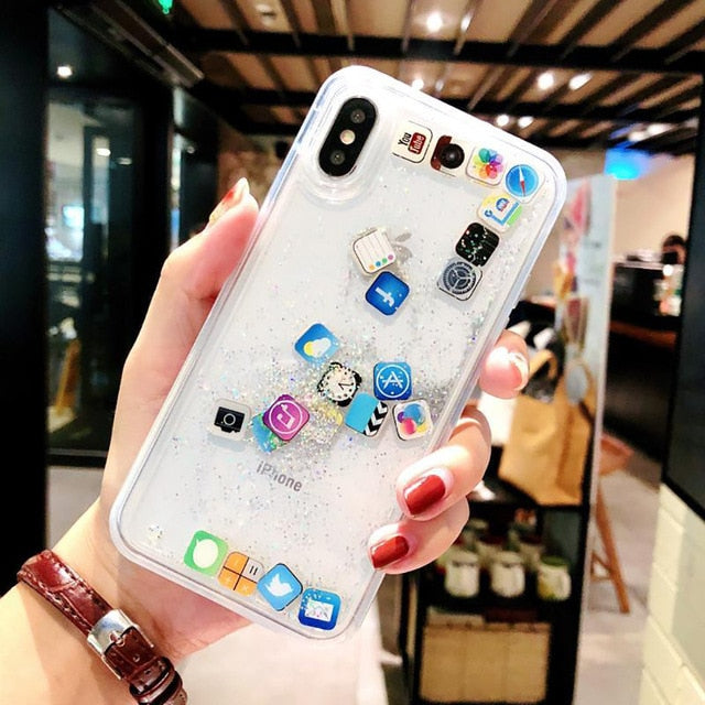 luxury Dynamic liquid Glitter Phone Case For iPhone Quicksand Cover Cute APP icon Case For iPhone X XR XS MAX