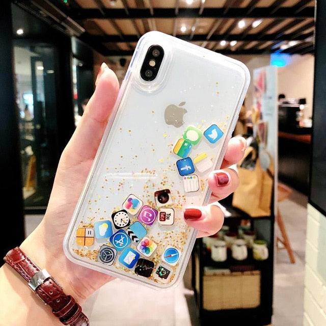 luxury Dynamic liquid Glitter Phone Case For iPhone Quicksand Cover Cute APP icon Case For iPhone X XR XS MAX