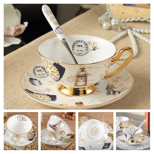 Europe Noble Bone China Coffee Cup Saucer Spoon Set 200ml